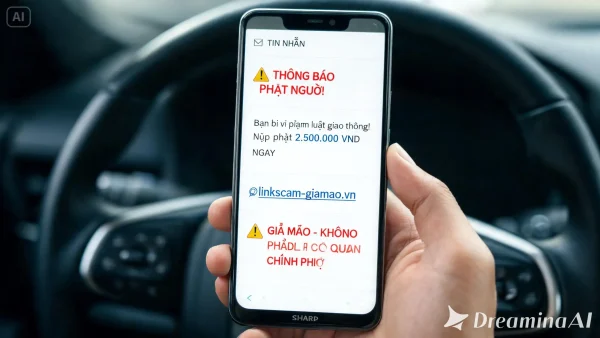 Tin nhắn phạt nguội giả mạo đang xuất hiện thế nào? 1 dreamina 2026 05 20 5006 Anh chup mot ban tay dang cam dien thoai